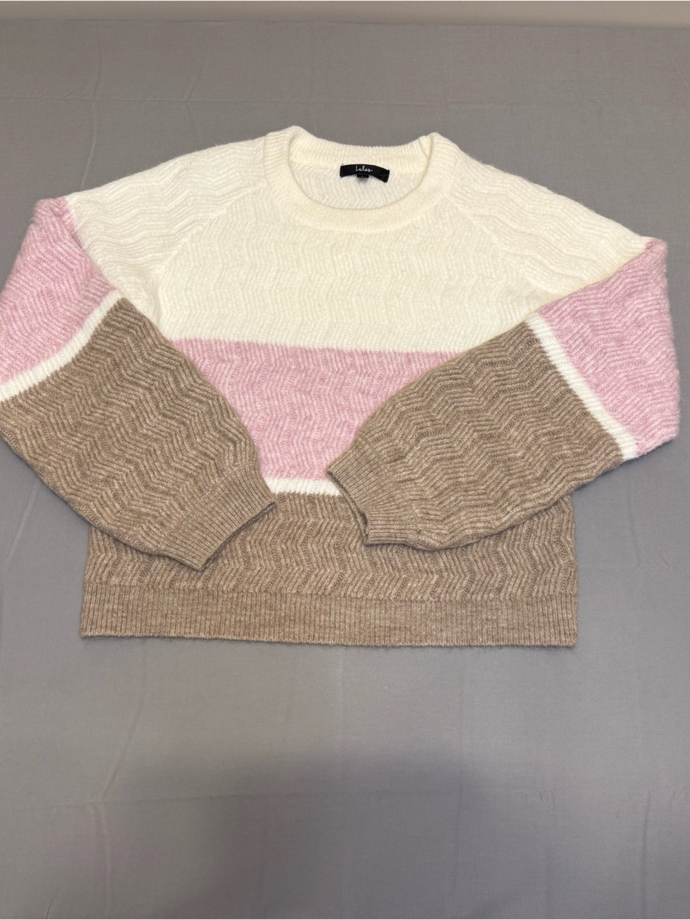 Lulu's Cream, Pink & Brown Colorblock Crewneck Sweater
